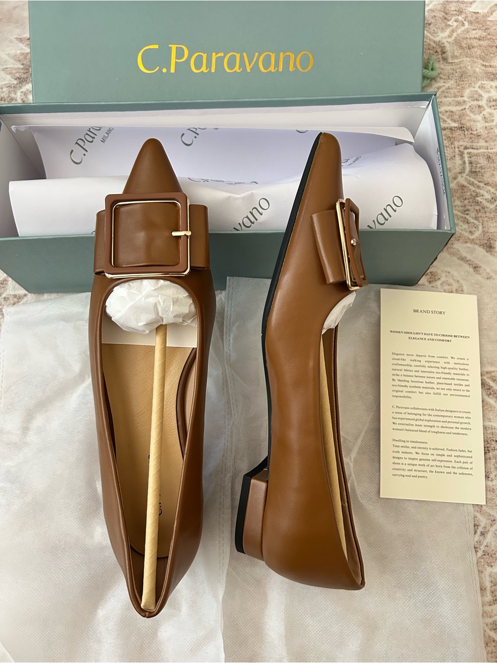 Women’s Brown leather Pointed Buckle Flats